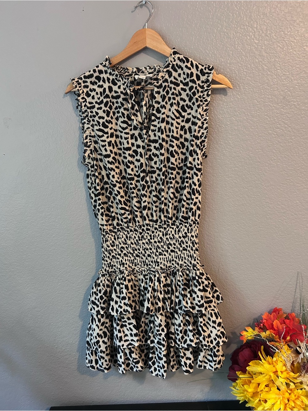 Everly Black & Cream Leopard Print Smocked Ruffle Mini Dress